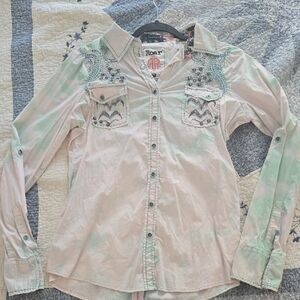Roar Pastel Green and Cream Embellished Shirt